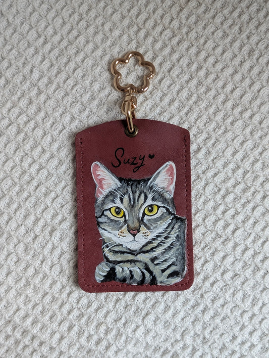 Hand-Painted Pet Portrait Leather Card Keychain (Dual-Sided)