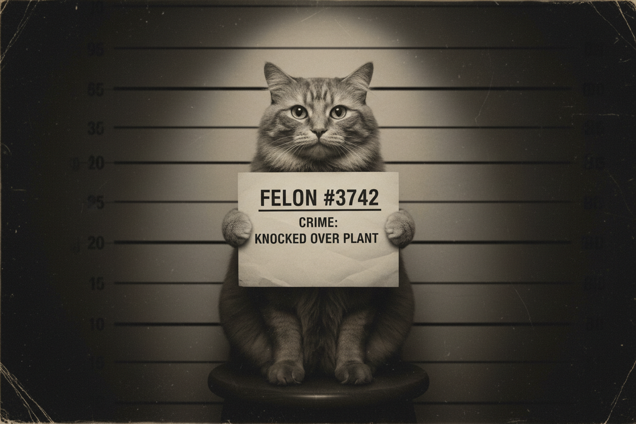 Criminal pet portrait — wanted poster